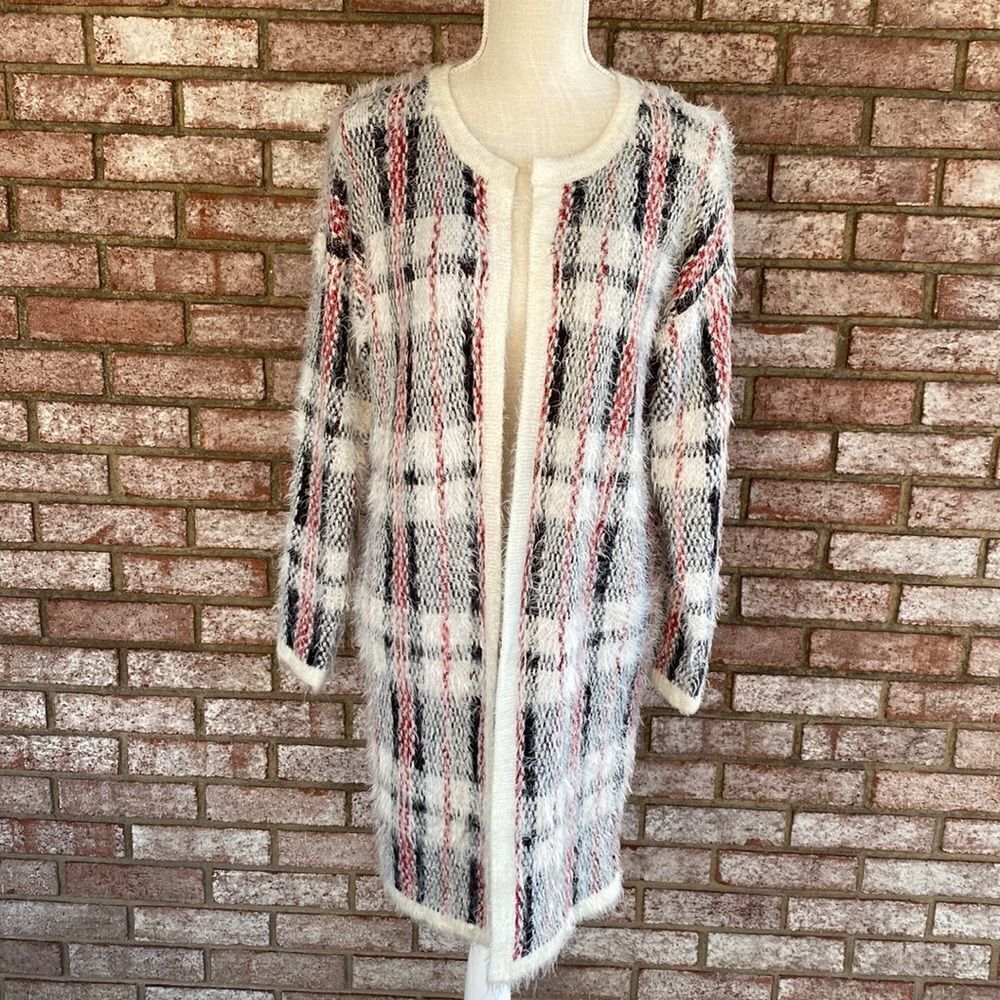 Pleione Plaid Eyelash Sweater Coat Cardigan - Oversized - Size S